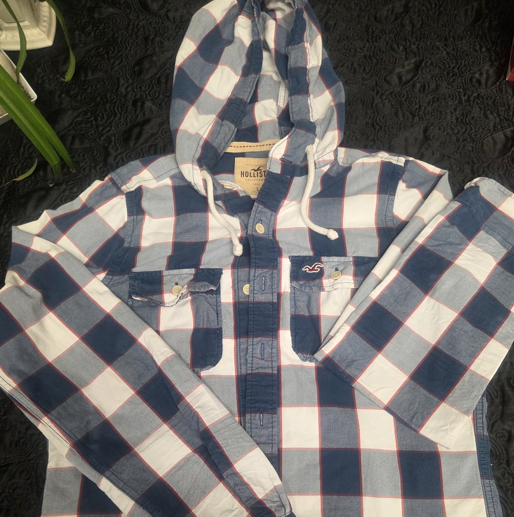 Hollister Navy and White Checkered Hoodie